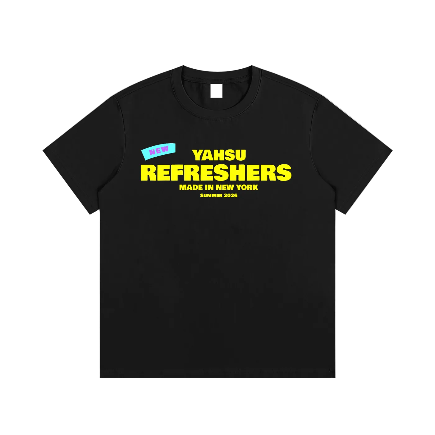 Black t-shirt with 'Yahsu Refreshers' text on a white background