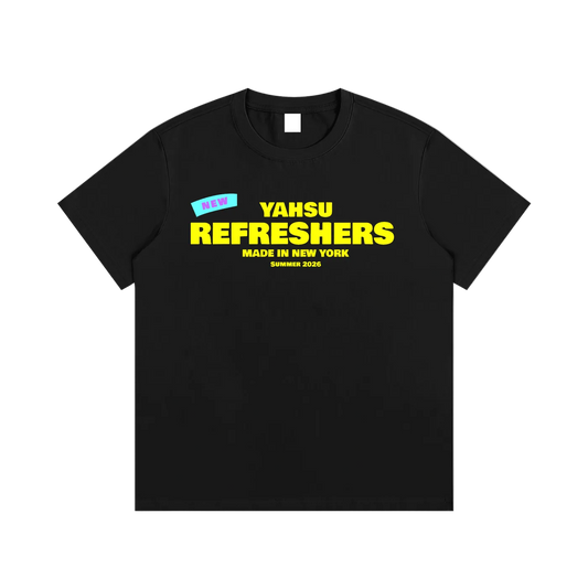 Black t-shirt with 'Yahsu Refreshers' text on a white background